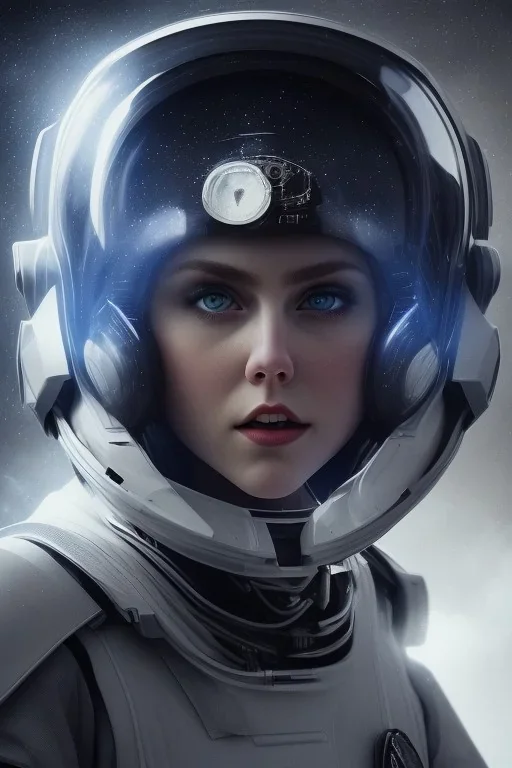 Black intergalactic pilot AnnaSophia Robb, portrait, bright white eyes, wearing high tech pilot helmet, white smoke, dark, rage, sorrow, high definition, ultra 8 k, volumetric lighting, blue fire, fog