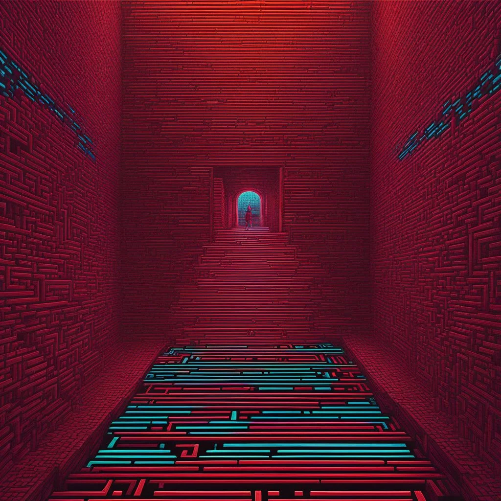 [glowing psychedelic pixel illustration with Tōru Iwatani's packman colour palette] the red bricks of the maze seeming to hum with anticipation. The phantom's gaze follows my every move, its spectral presence both haunting and alluring. I can sense a powerful energy emanating from the cherry, a feeling of both danger and temptation intertwining in the air.