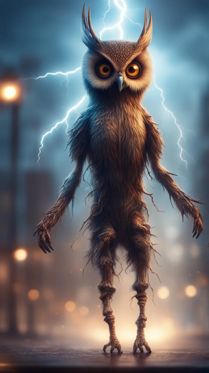 book cover illustration, horror weird owl bear elk alien bird walking on stilts in female garments, getting hit by lightening electric arc, with big disturbed eyes,bokeh like f/0.8, tilt-shift lens 8k, high detail, smooth render, down-light, unreal engine, prize winning