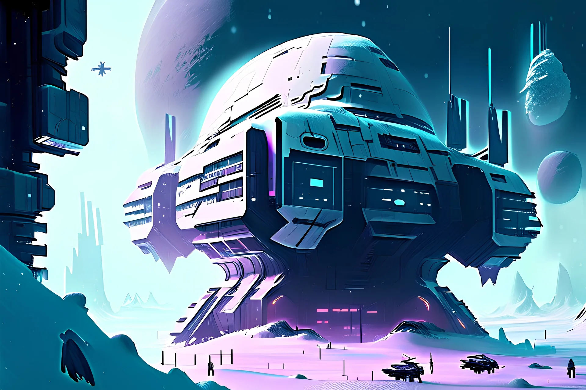 Modern Colony, Alien Planet, Winter, Cold, Blizzard, Spaceship, Blocky Buildings, Flying Spaceships