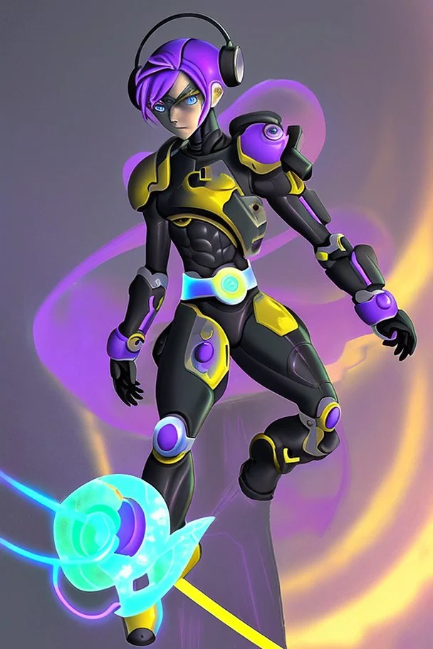 A Genderless Cyborg made of metal, has a human like face with a long violet ponytail, the cybord is wearing armor similar to Megaman Omega. The color palatte of the armour is deep purple and yellow.