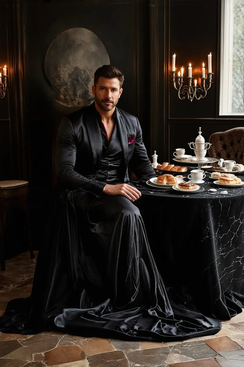 "prompt": "A dark, moody, surreal scene of a rugged auto mechanic at a decadent high tea. Instead of workwear, he now wears a flowing, high-fashion silk gown — glossy black with crimson undertones, draped dramatically yet smeared with streaks of oil and dust. BALL gown clings to his BUFF muscular frame while long folds cascade onto the cracked marble floor. He sits at a grand, candlelit tea table covered in black velvet, where tarnished silver trays hold eerie pastries, shattered porcelain cups