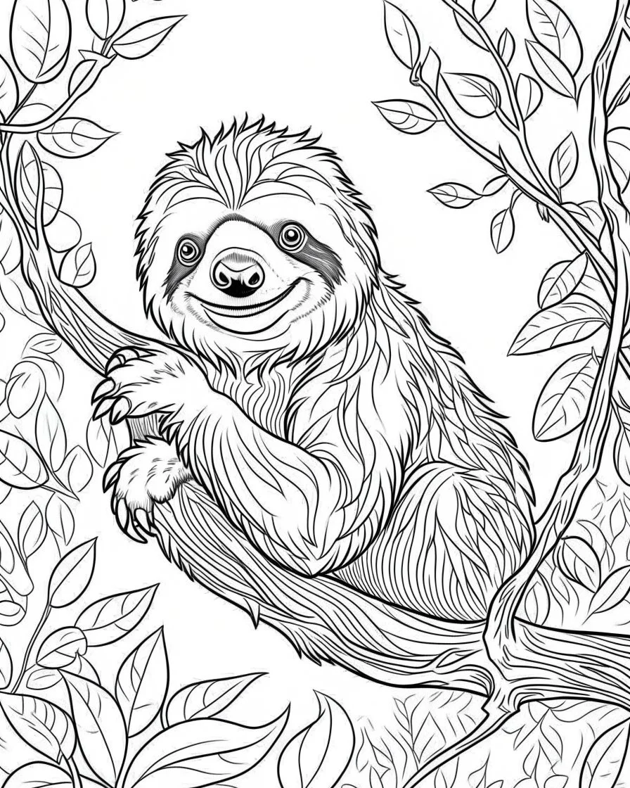 create a 2d black outline, "safari smiling cartoon sloth on a branch coloring book for kids", coloring page, low details design, black contour, coloring page design, simple background, colorful , card style, coloring page for kids, white background, sketch style, safari landscape, cartoon style