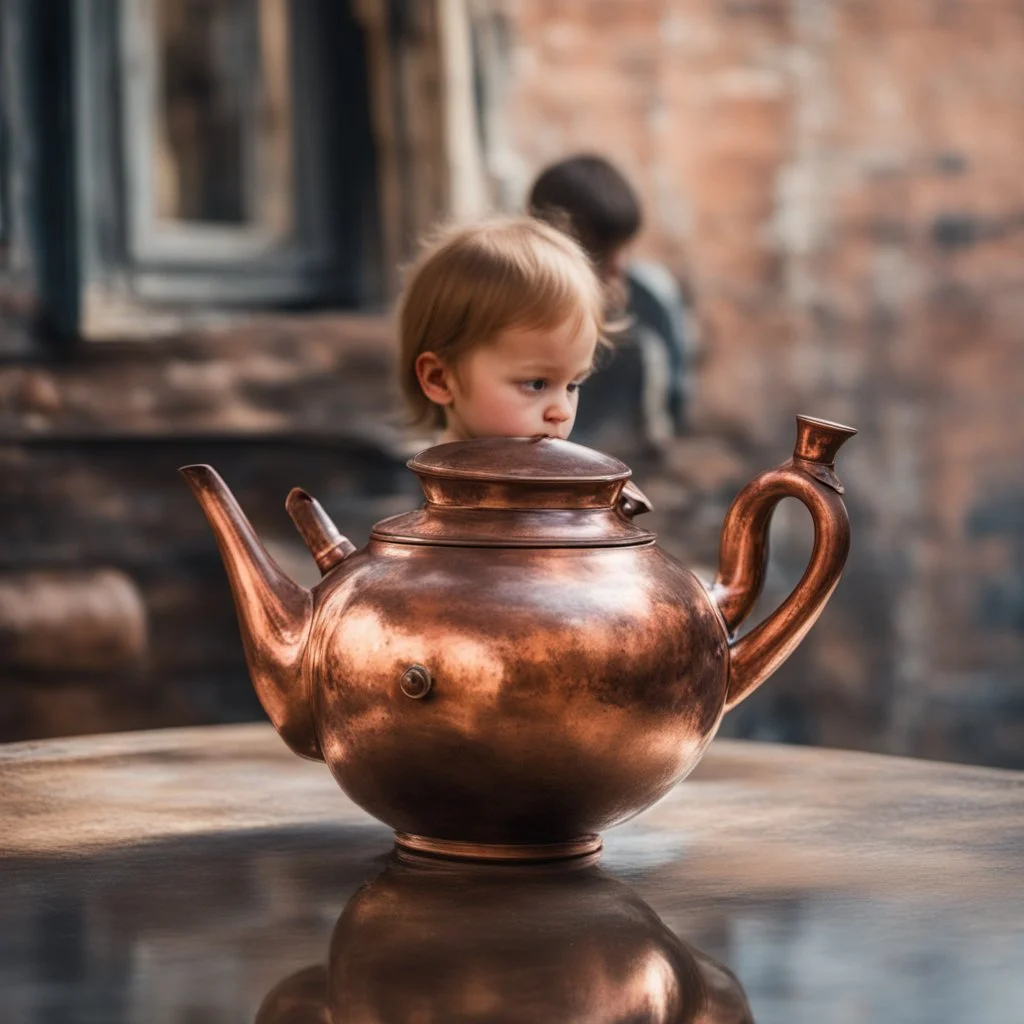 The reflection of a child on the surface of an old copper teapot