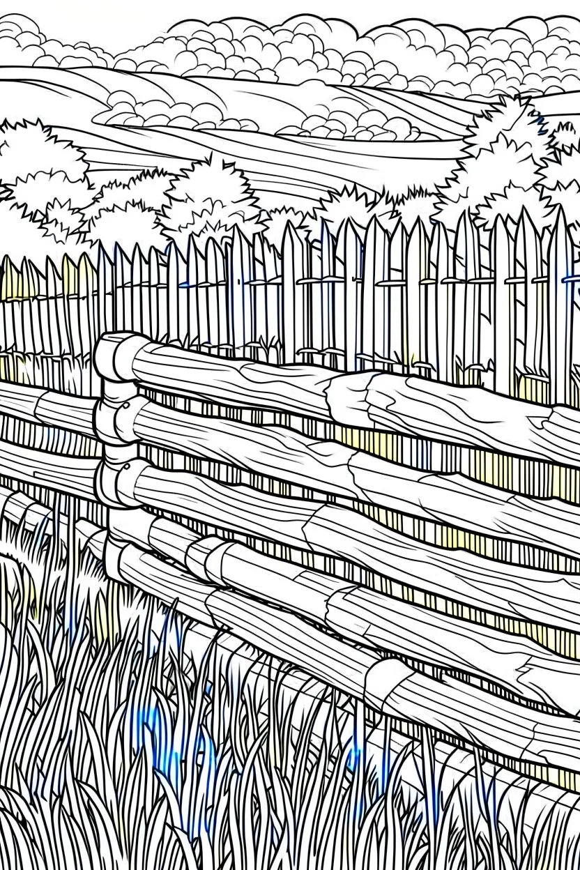 coloring page, rail fence, cartoon style, thick lines, low detail, no shading