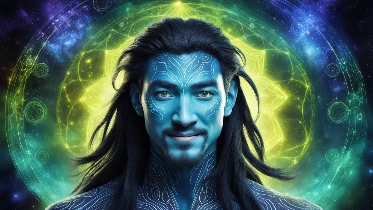 beautiful gorgeous young man na'vi with long hair, Avatar, blue skin, two small ears, green eyes, black hair, in cosmic suit, galactic ambiance, medium pointy goatee , smiling, nebulas and sacred geometry light figures on the backgroud,