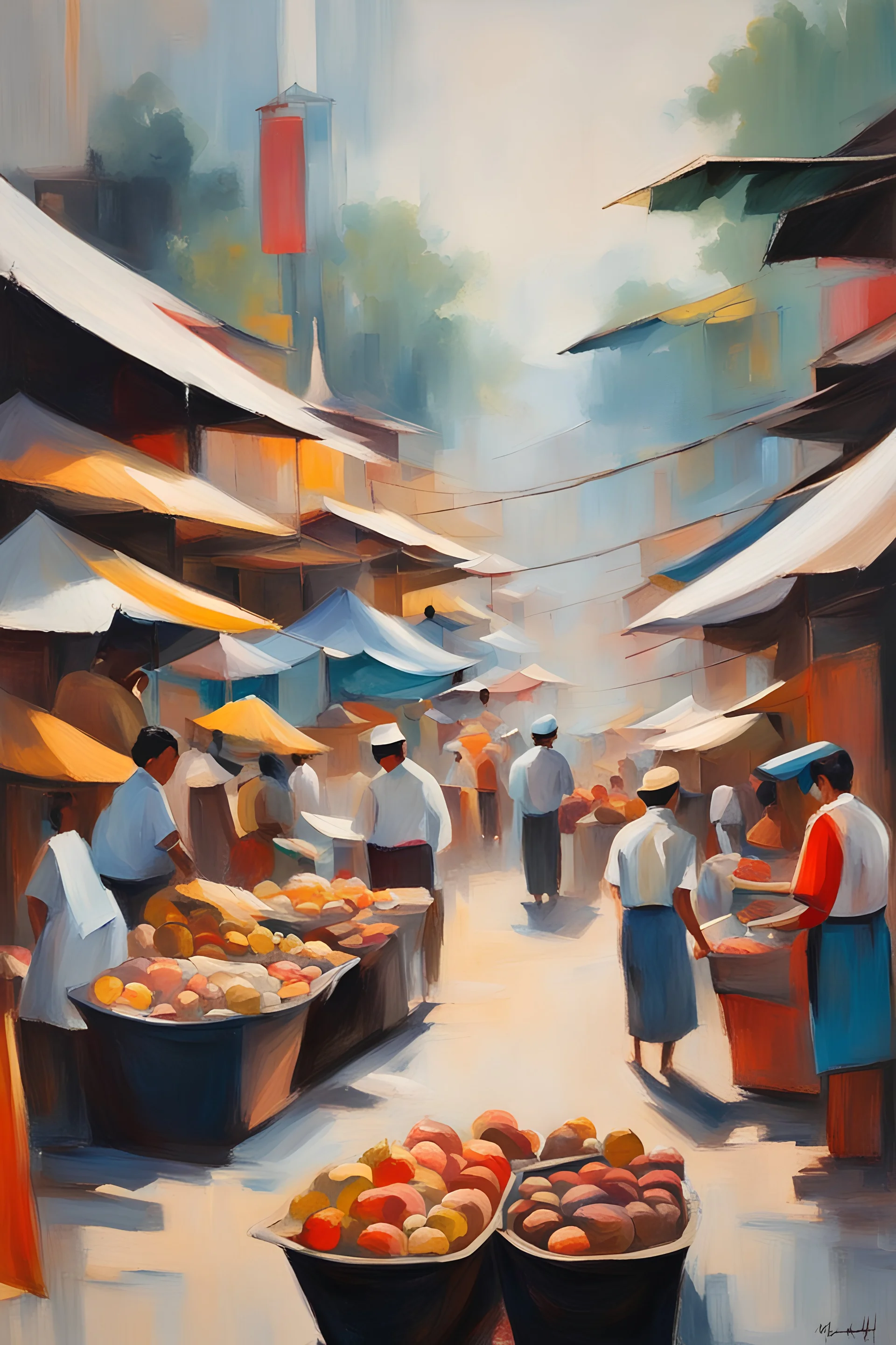 abstract painting of 1960 malaysian pasar pagi