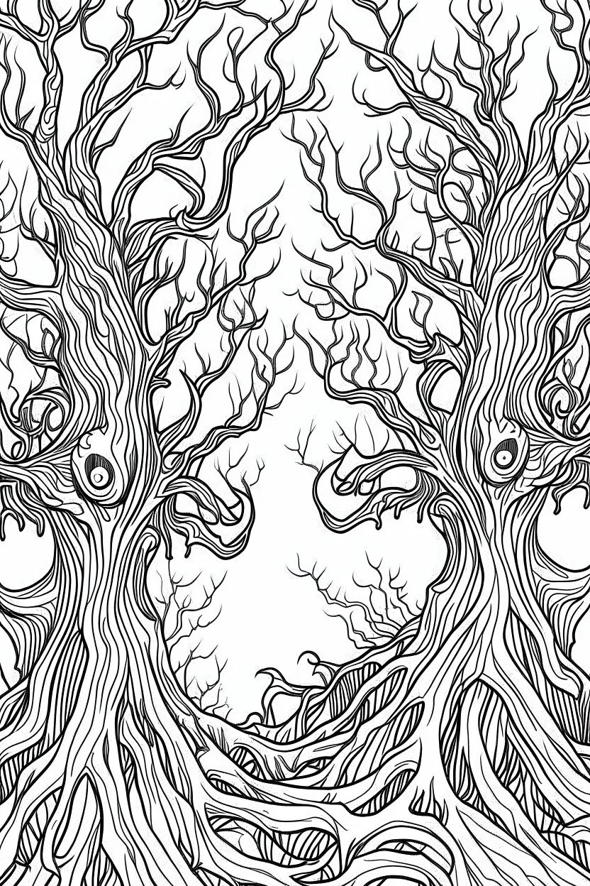 A creepy forest with gnarled trees, glowing eyes peeking through the darkness.. Outline, sketch style, only use outline, mandala style, clean line art, white background, no shadows, no clear wall, coloring page.