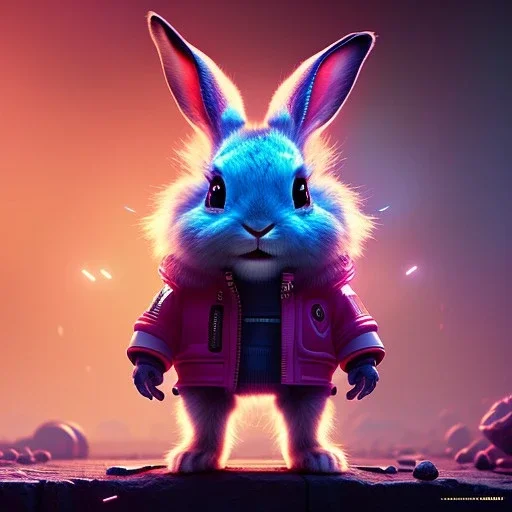 pixar style anamorphic cute cyberpunk rabbit baby, smiling, full body, magenta puffer jacket, manila city backdrop, hyper realistic, unreal engine 5, 16k,cinematic background