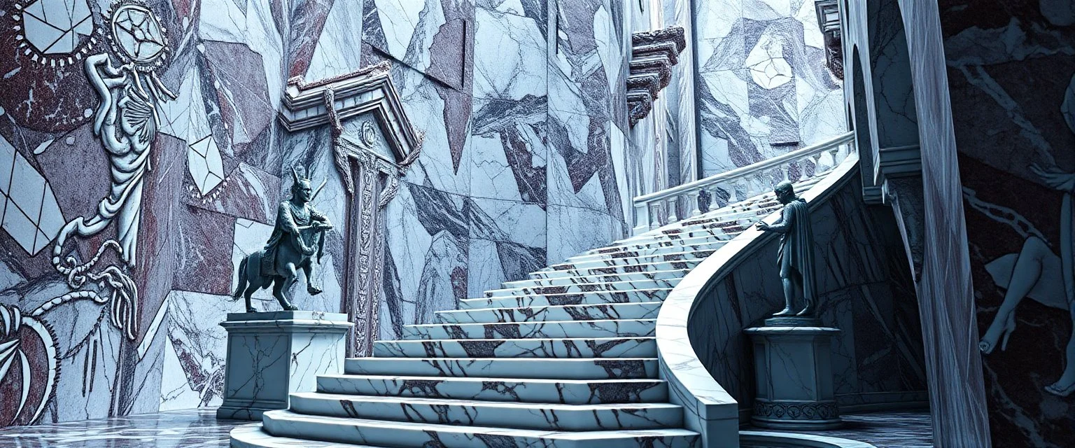 stenthal syndrome, the chariot, the fool and the tower tarot card disaster rendered in magnificient 4d glossy marble stones reflective and wet, like mirrors, winding stairs, watchers, statues of perfect octahedron dice