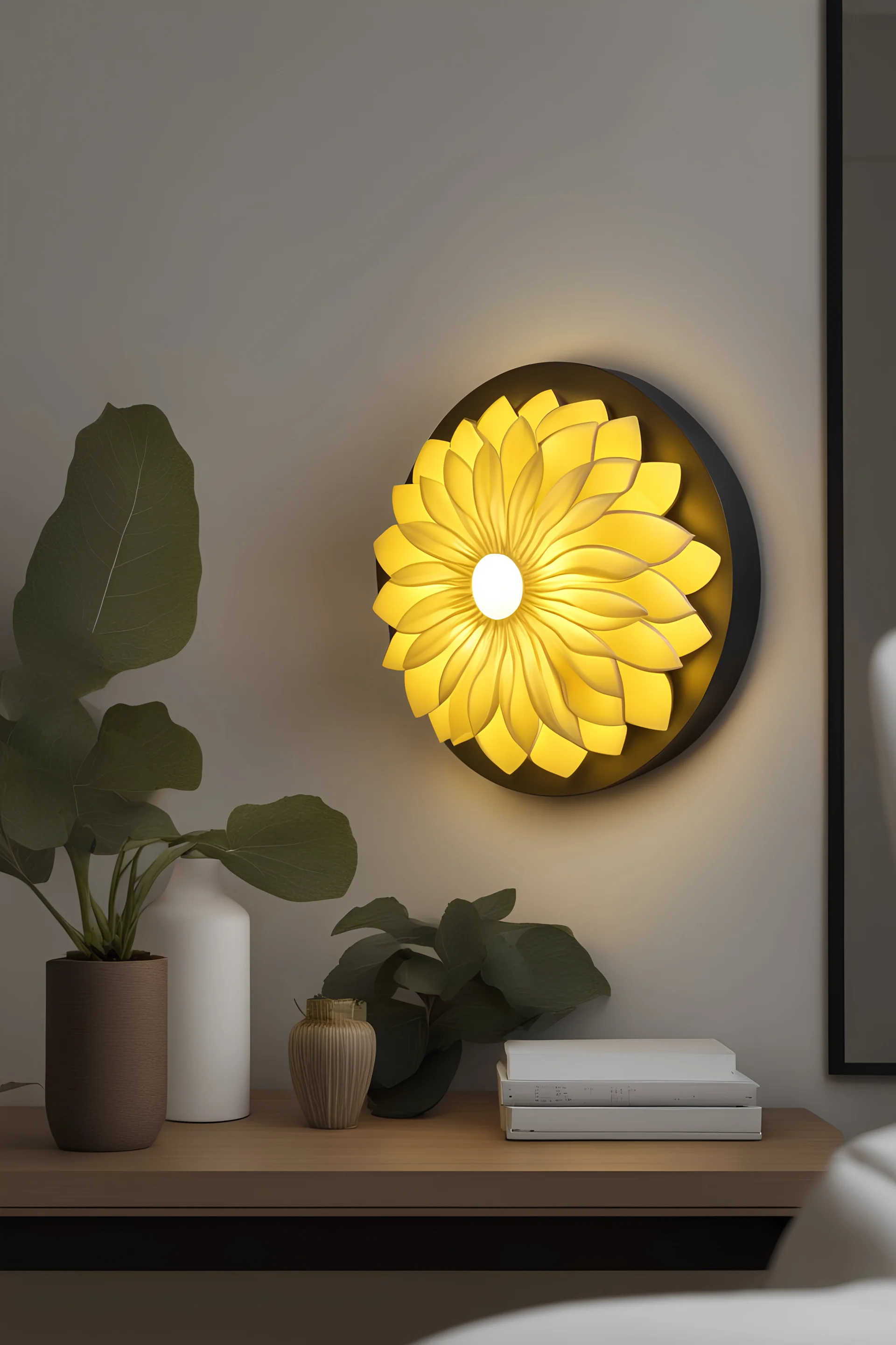Wall lamp inspired by sunflower, modern aesthetic , versality and yellow color scheme