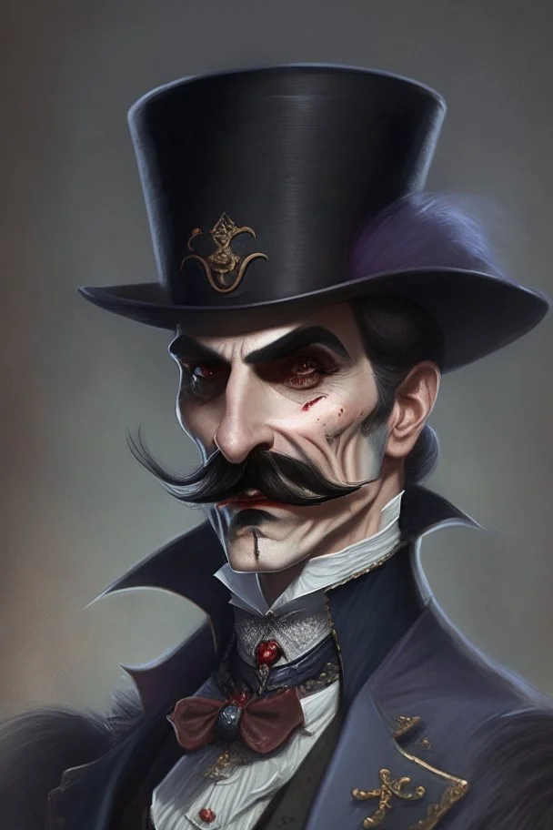 Strahd von Zarovich with a handlebar mustache wearing a top hat with a playful look on his face