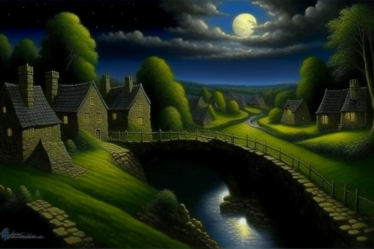 A Cotswold village, a brook, a bridge, Full moon, beautiful celestial sky, Milky Way, hyper-detailed art by Ivan Kramskoi. elegant intricate oil on canvas beautiful high detail award winning fantastic view crisp quality hdr