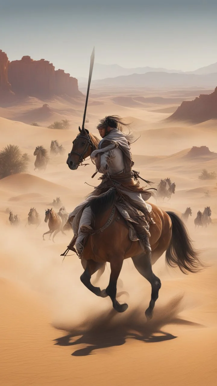 A foray with swords and horses in the desert