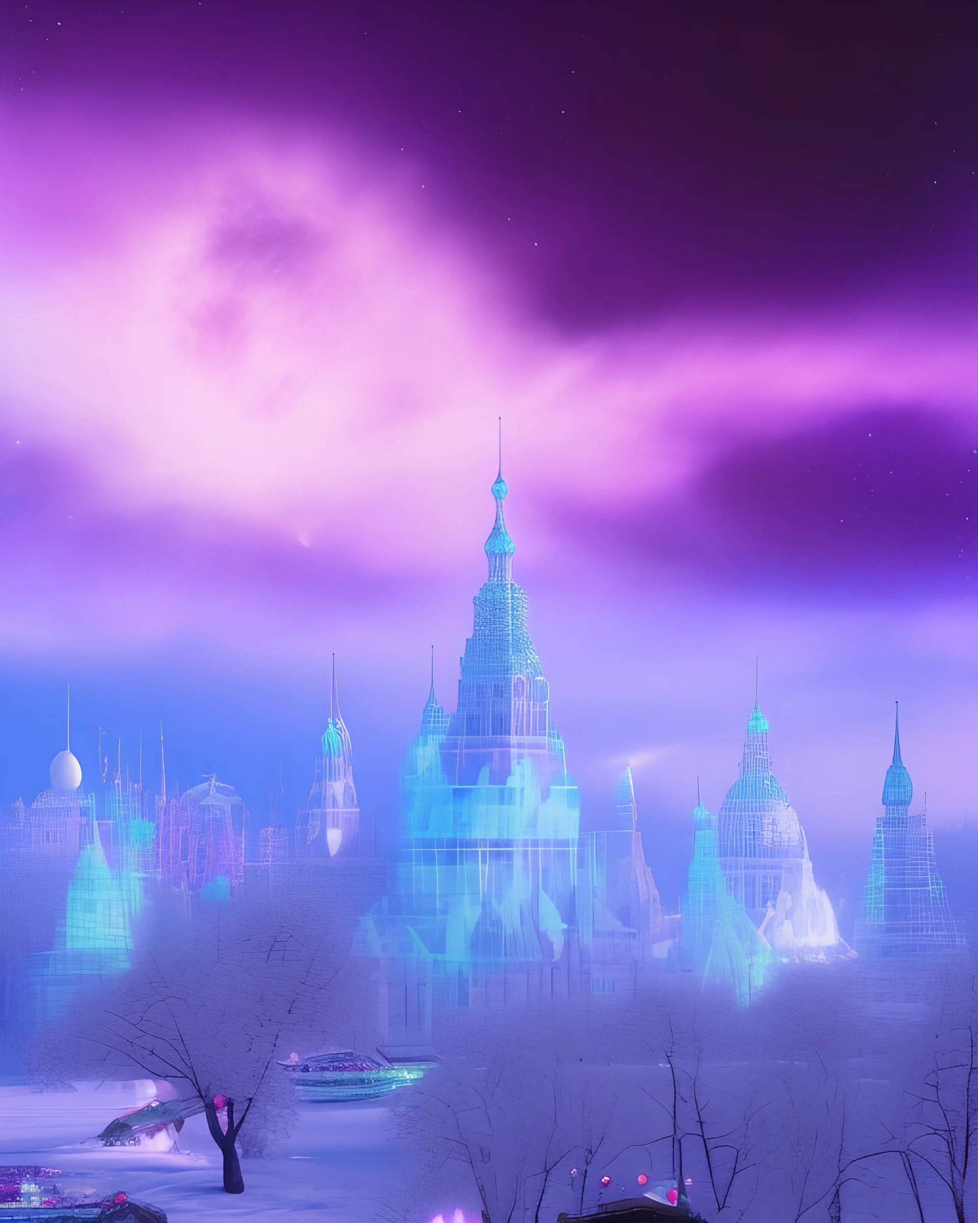 Cité des glaces, fond de cosmos, bleu or mauve rose, étoiles, glossy