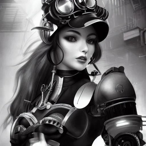 great illustrator, spanish, realistic rendering of a cute girl, beautiful, steampunk syle, black and white. Helmet with tubes. breathing tube. Machinery in the background. robotic bird flying. High details. 4k. unreal engine