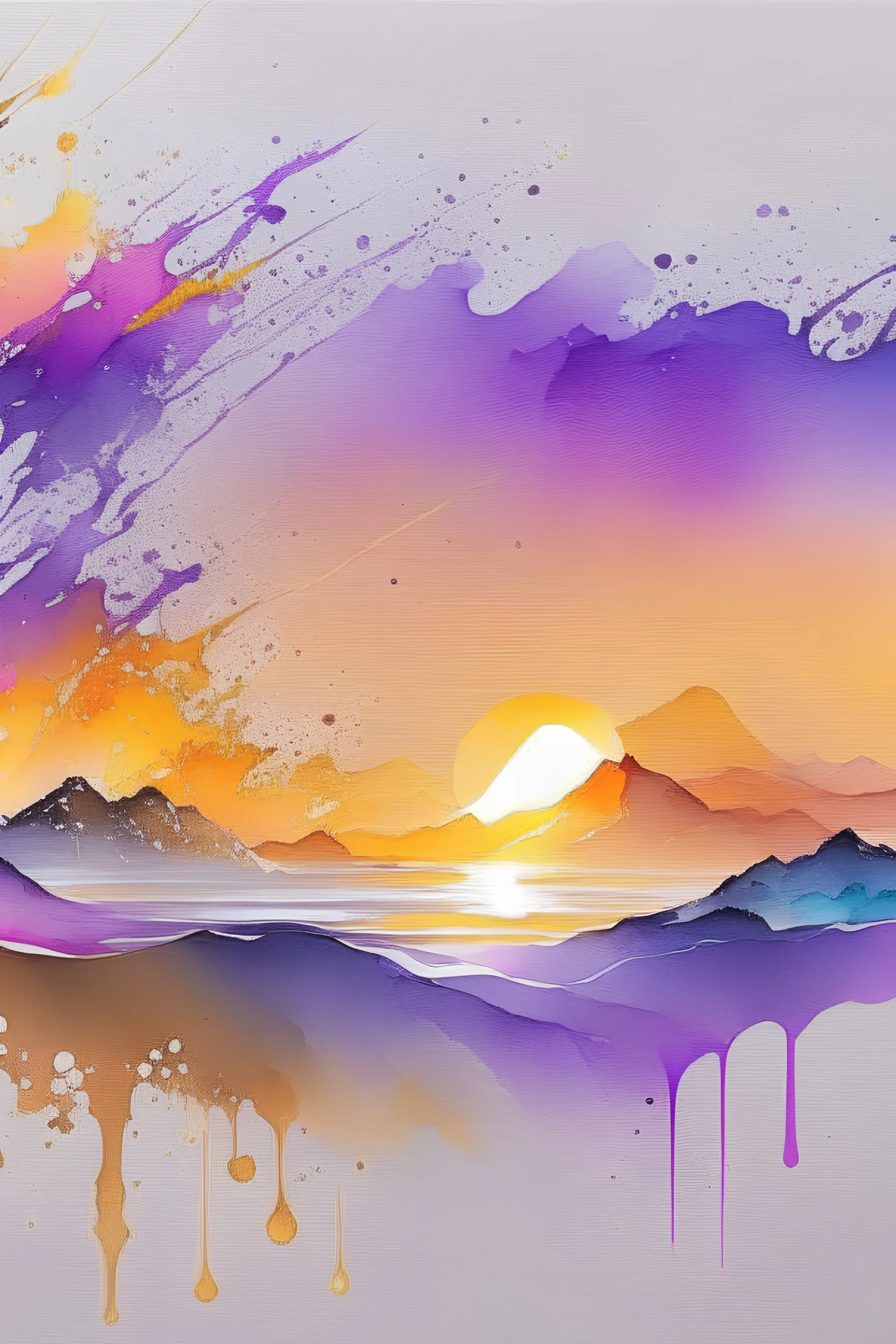 2:3 Full size, watercolor on transparent background paper, chromatic, zoom, sharp, splash of colors on a white background, a detailed golden purple sunset fire style, Beach with light blue water, Mountains, graffiti elements, powerful zen composition, dripping technique, & the artist has used bright, clean elegant, with blunt brown, 4k, detailed –n 9, ink flourishes, liquid fire, clean white background, zoom in, close-up,