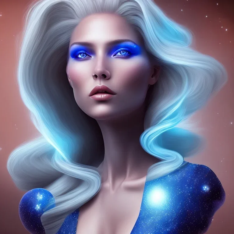 A beautiful portrait of a galactic woman blonde hair in a galactic suit in cosmos blue