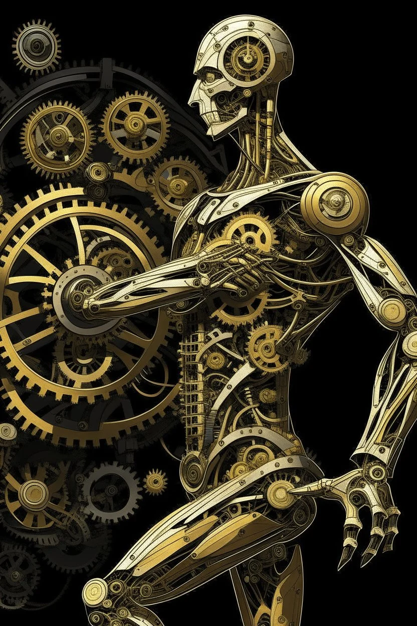 mechanical man punk cypher dancing detailed cogs and screws leonardo da vinci style detail STYLE OF Hiroshi Nagai