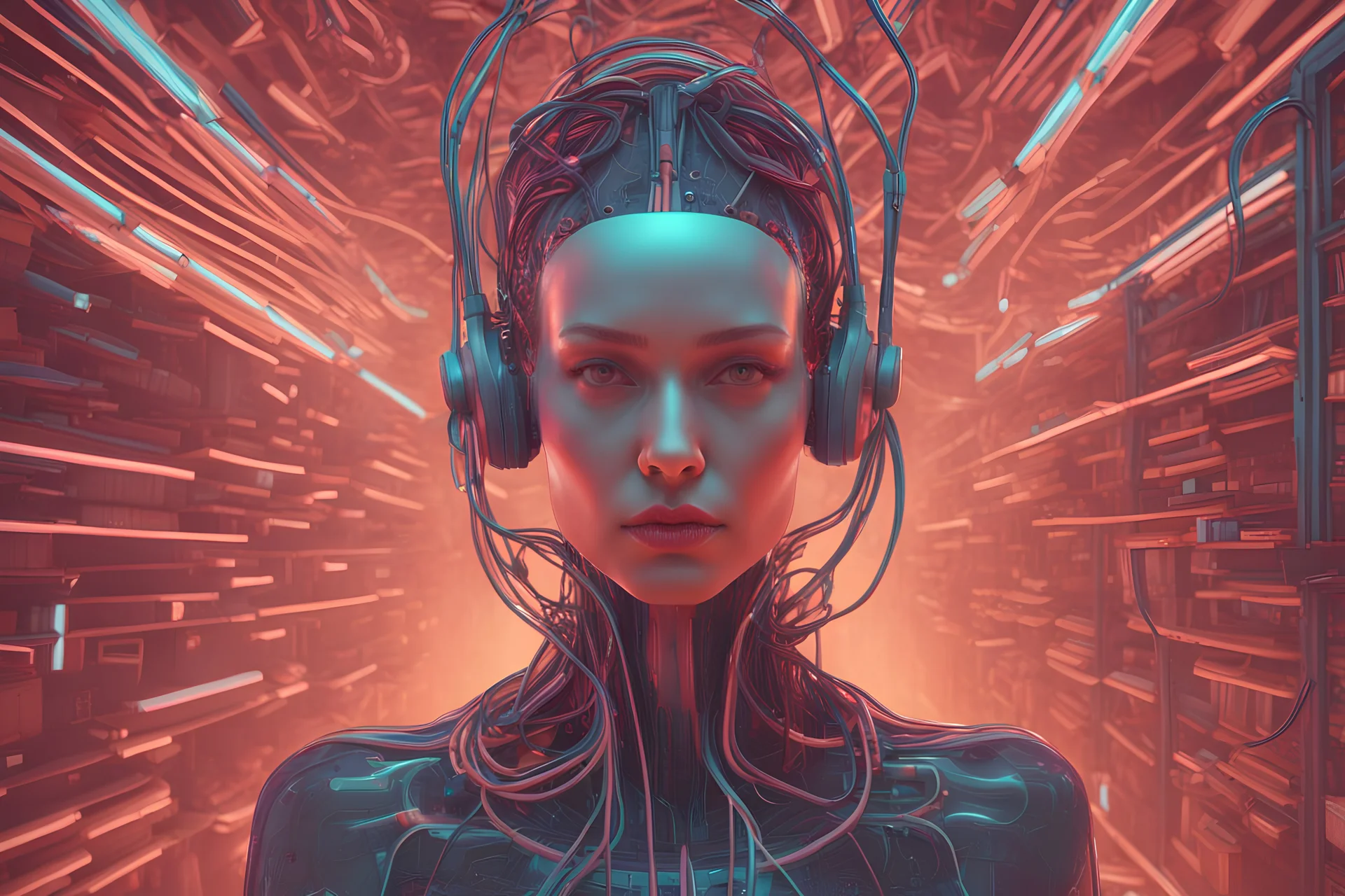 Cyberpunk 3D illustration of female head with some wires over it stock photo, in the style of psychedelic-inspired, uhd image, realistic, beeple, dissected books, synthwave, online sculpture, smooth 3d digital art, exquisite thee-dimensional rendering, 4K, blender, c4d, octane render , disney style 3d light, Zbrush sculpt, high detail realistic cloth, concept art, Zbrush high detail, pinterest Creature Zbrush HD sculpt, neutral lighting, 8k detail