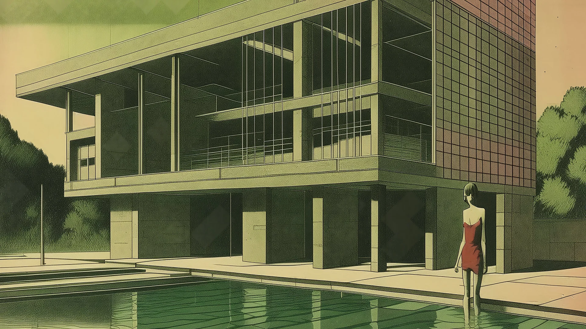 A modern two-story house with large windows and a swimming pool, a woman is standing next to the house., Brutalism architecture, Bromoil print, Chromolithography