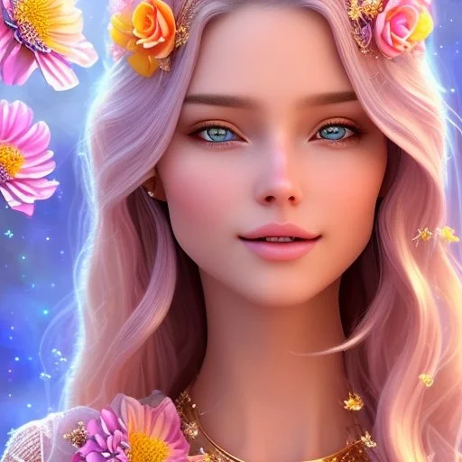 Beautyful smiling young woman, long hair amazing blue eyes, flowers, happy cosmic, bright colors, blue, pink, gold, jewels, realistic, photo real, clear sunny background, highly detailed, high contrast, 8k high definition, unreal engine 5, extremely sharp detail, light effect, sunny light background