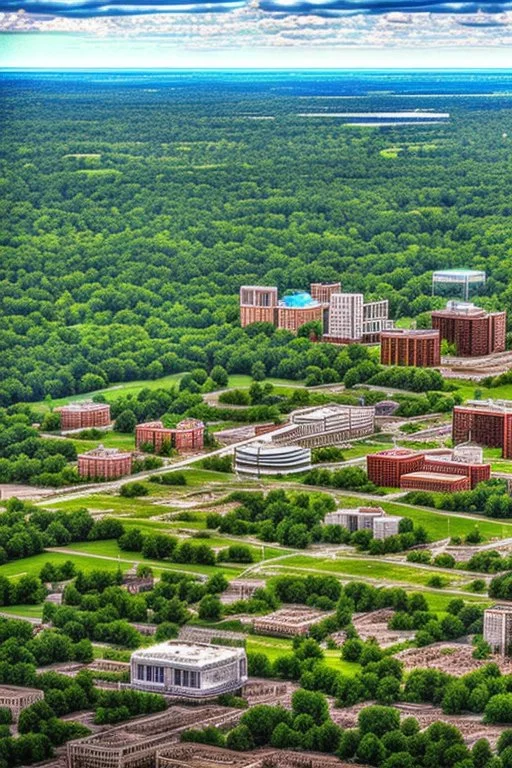 Post-apocalyptic version of the city of Madison, Wi. Photorealistic, color.