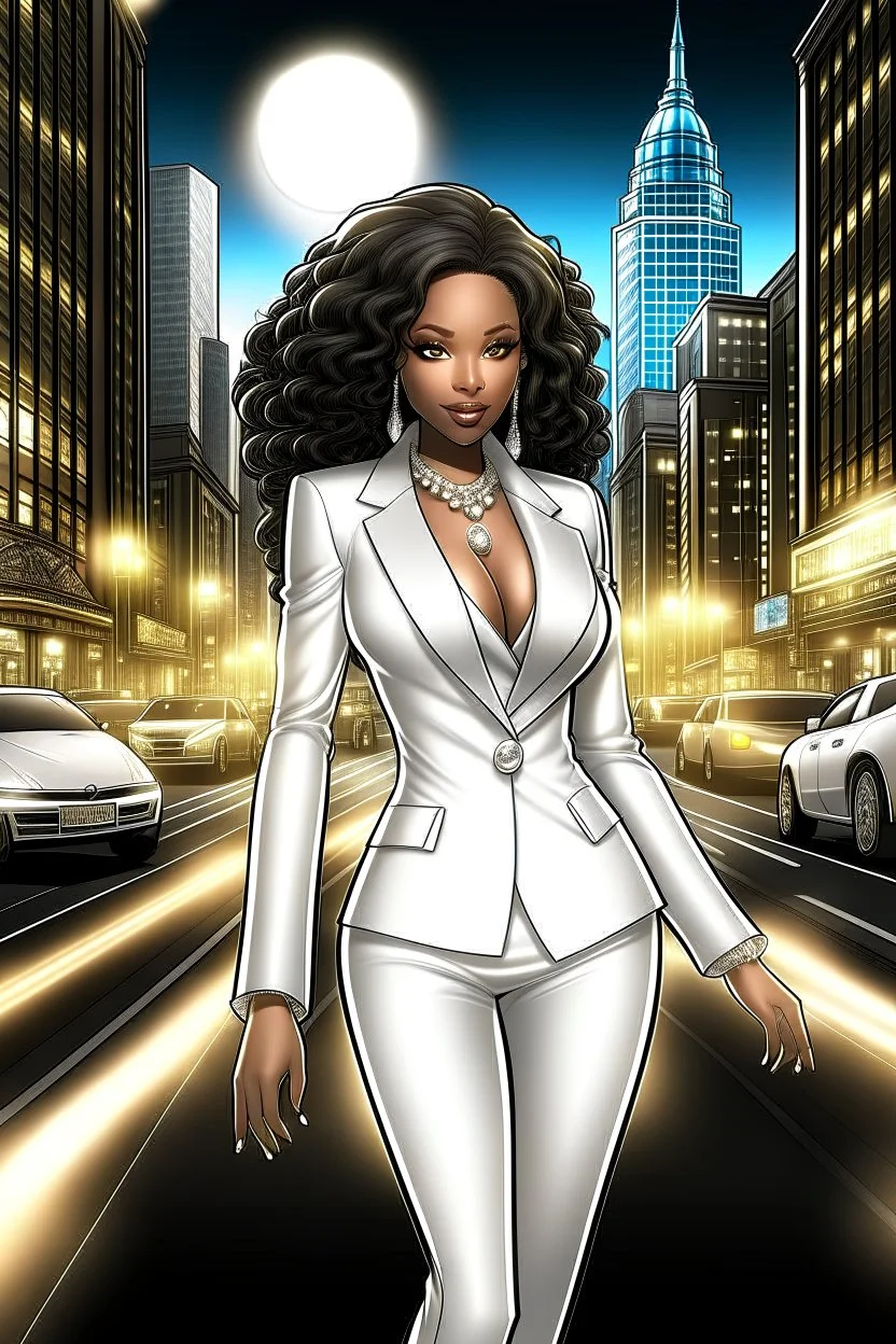 Create a digital airbrush cartoon of a curvy African American female wearing a white business suit with white heels. Prominent make up with hazel eyes. Highly detailed very long extremely curly black hair. She is wearing silver and diamond Jewely that shines of the lights. Her skin is smooth and silky. Background of a busy city street