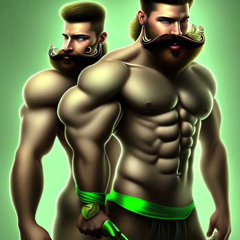 muscular shirtless man with big beard and big mustache and green eyes