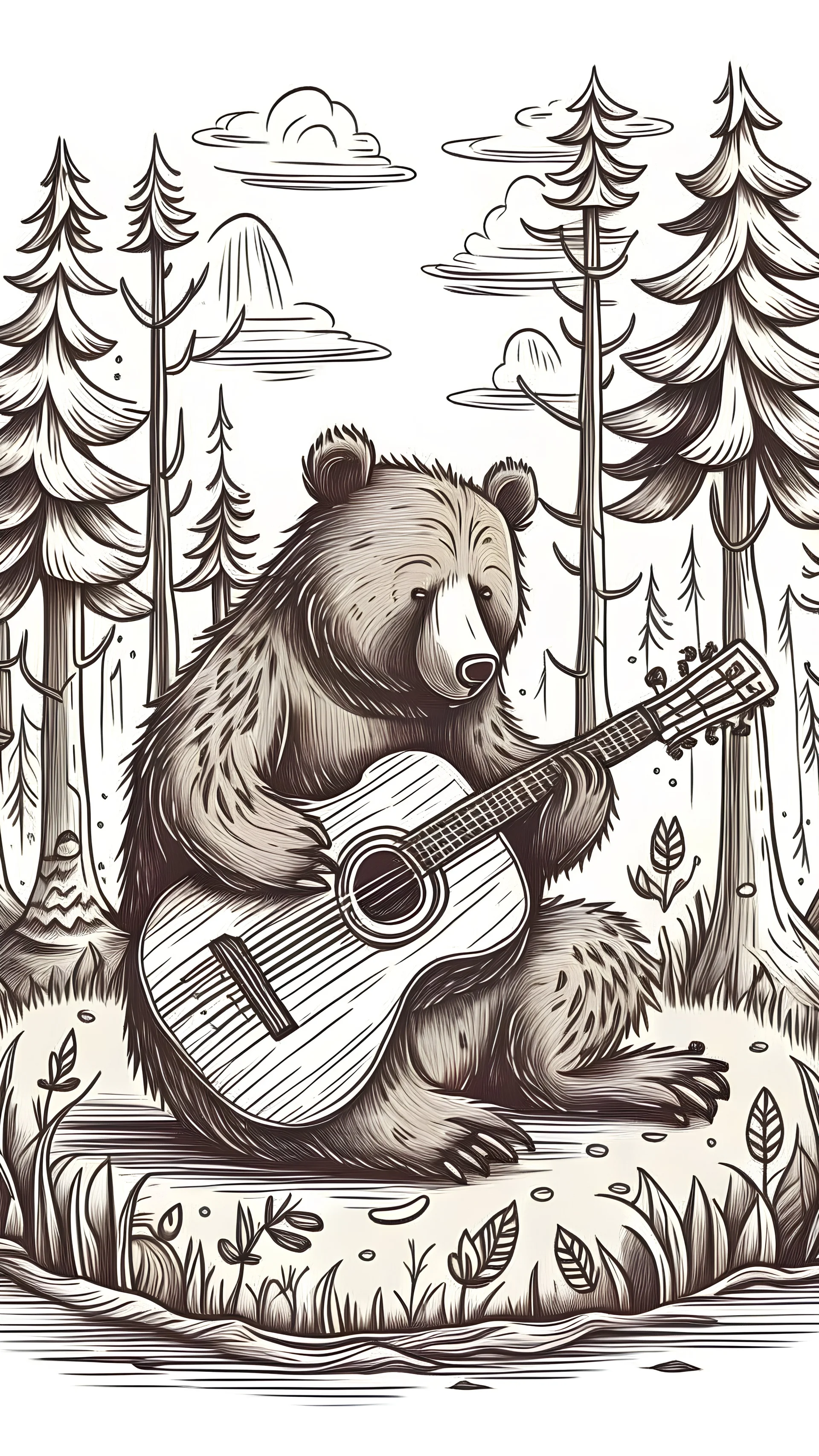 hand drawed bear sitting in forest and playing ukulele