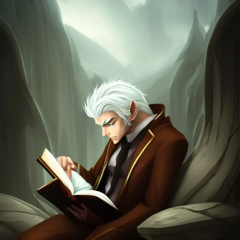 half body shot of calm elf with white hair in brown suit reading a legendary book, fantasy character, somber, gloomy lighting, epic perspective, trending on artstation