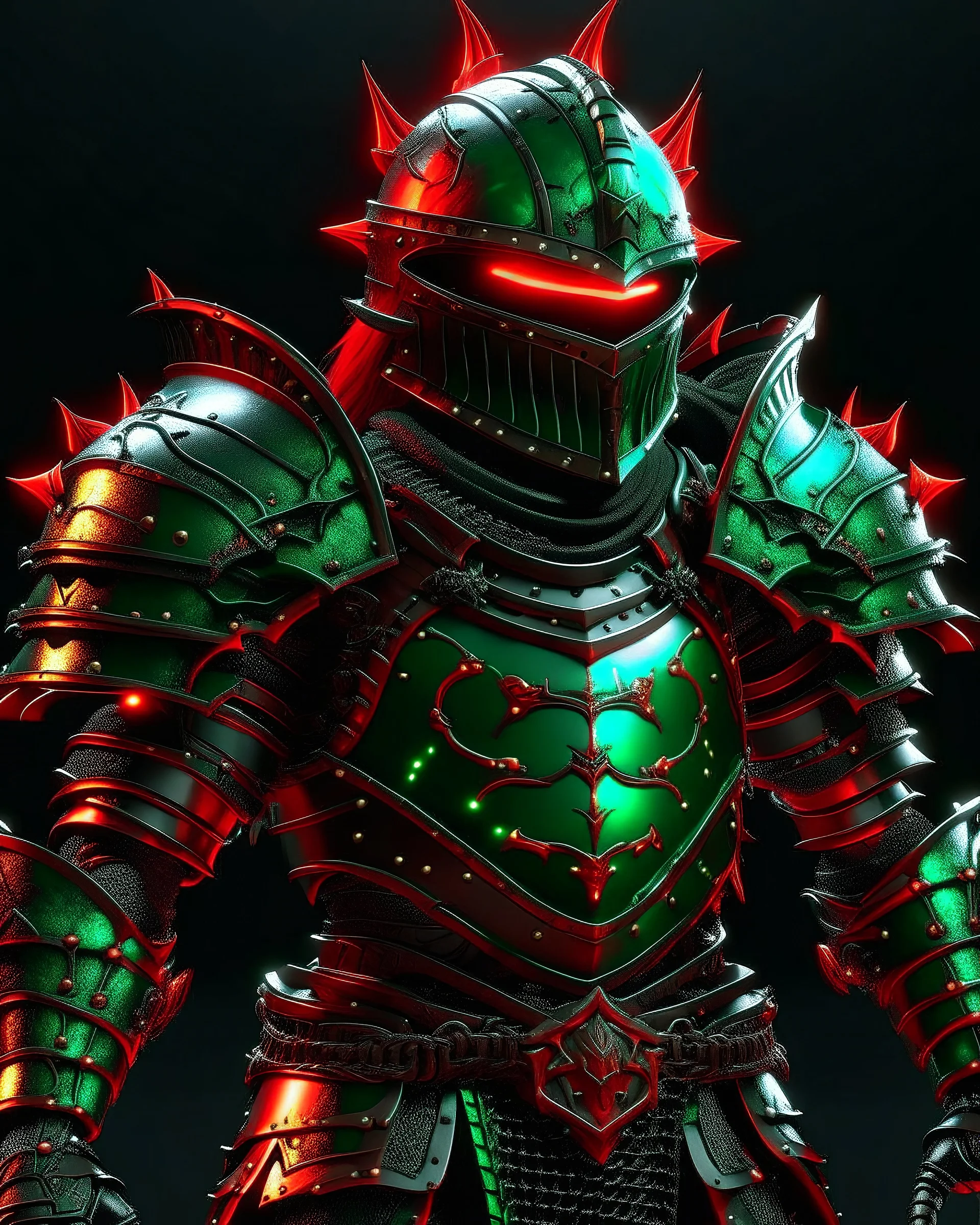 Green and red knight armor for chara from undertale, glowing red eyes, covered in spiked metal armor, with a throne on the back