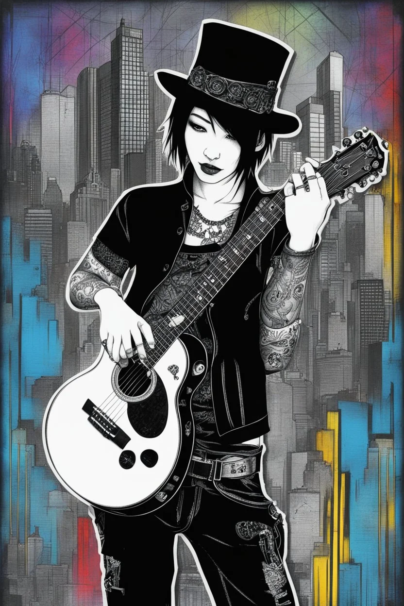 Mixed media picture, the background is black and white line art cyber city In the middle a colorful photo of an attraktive goth asian man playing on the old guitare , wearing goth dark cloths, shiny black jeans, steampunk black hat and black boots, his hair is deep blue-silver lines ans black colors, enhancing the contrast between her and the black and white cityscape space