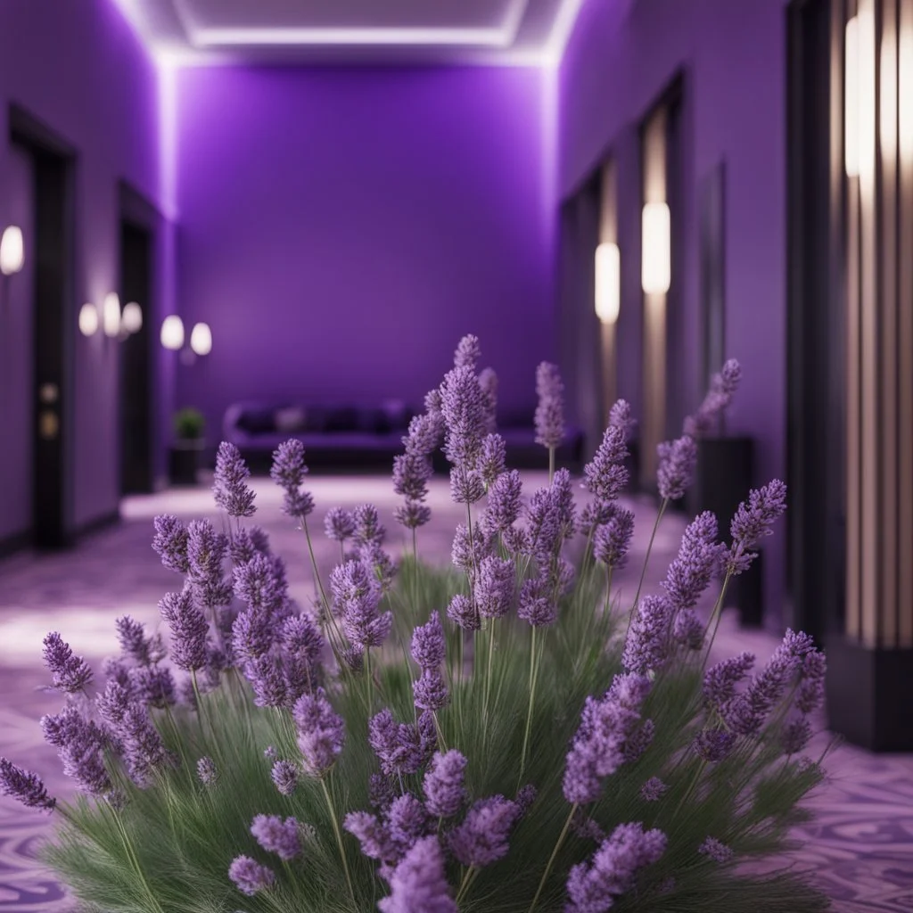 Concept of lavender flower in a hotel hall, modern classic style, lavender colors