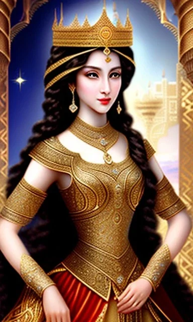 An Arab princess from the Mamluk era, beautiful, heavy hair, long hair, curly hair