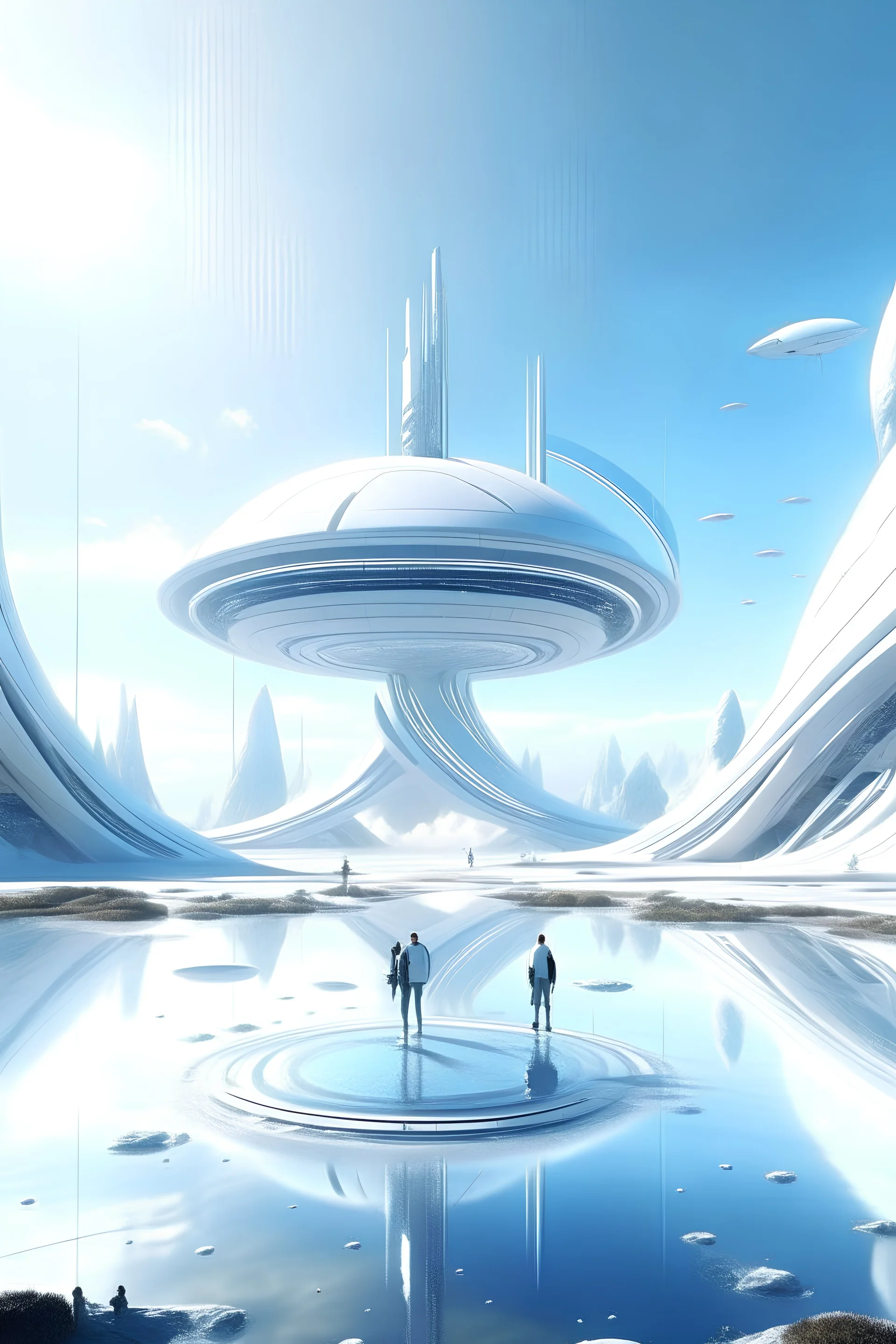 magnifique paysage sur une planète futuriste, paisible et harmonieuses avec des infrastructure aérienes blanches modernes avec peuple galactique divin