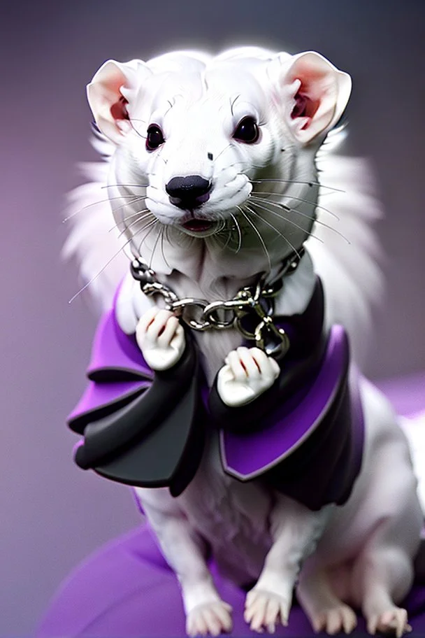 (anthropomorphic white ferret),dressed in ((cleric fantasy)) black clothes with silver holy ornaments, realistic anatomy, posing, cute face, fantasy inspire, fantasy church on background with warm sunshine lighty from behind, gloomy atmosphere, (((high angle shot))), purple armband, The holy icon style, RTX, praying, close eyes