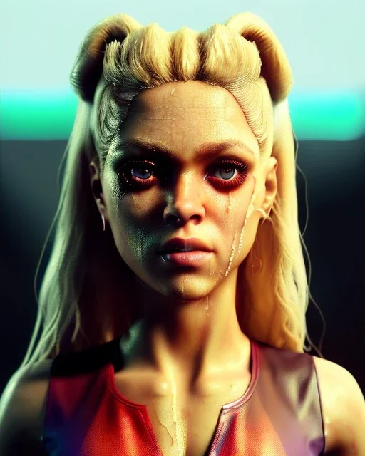 portrait, Shakira, blonde artist, angry, Realistic image, MMA robe, hoodie, mouthguard, nose, band aid, loose long hair, eyes make up, perfect, glow, circle iris. Rain, fog, Neon colors, leds. Dark background, photo studio, neon lights. concept art, smooth, unreal engine 5, god lights, ray tracing, RTX, lumen lighting, ultra detail, volumetric lighting, 3d, finely drawn, high definition, 4k.