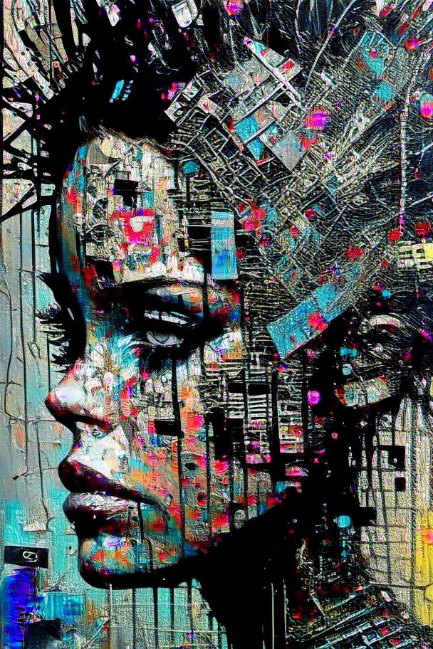 Ultra detailed medium portrait painting of anxiety , torn up collage of clippings, broken circuitry background, matrix effects, punk visual art, punk art aesthetic, graffiti art, pop surrealism, collage art, cluttered paint glitches