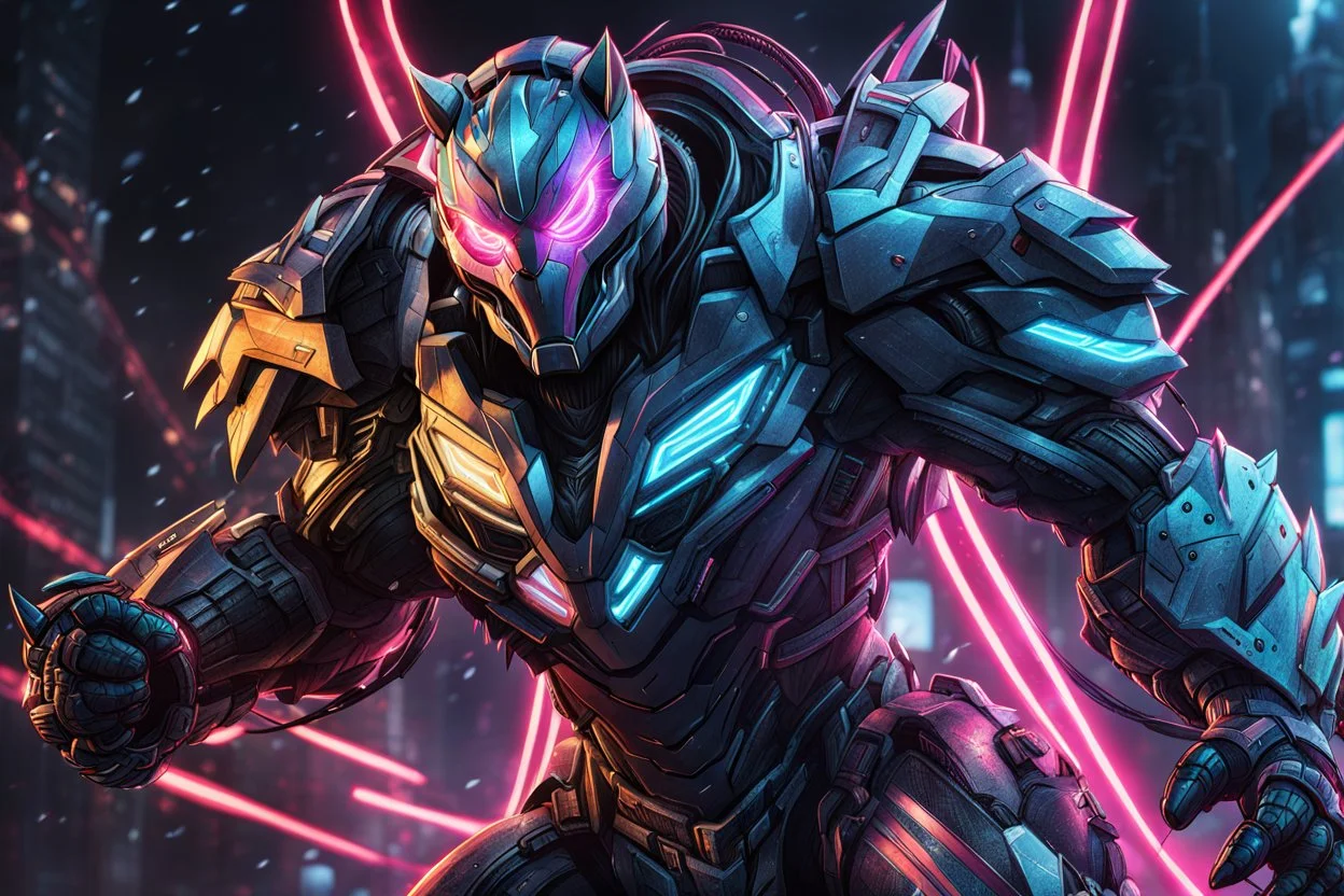 Symbiote Cyber Machine volibear in 8k anime realistic drawing style, thunder, neon effect, close picture, snow, apocalypse, intricate details, highly detailed, high details, detailed portrait, masterpiece,ultra detailed, ultra quality