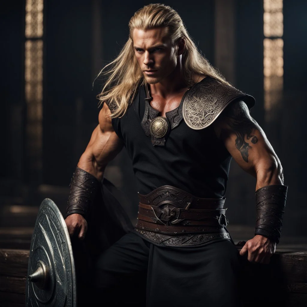 stunningly handsome viking warrior king, muscular, long blonde hair, male age 30, wearing a dark suit, tan skin, tattoos,photorealistic 4k