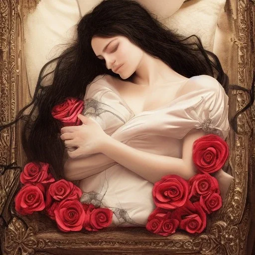 woman sleeping on satin pillow with spiderwebs covering face and hands on chest holding roses, 8k, high-quality, fine-detail, intricate, sharp, crisp, digital art, detailed matte, illustration, octane render, brian froud, howard lyon, Anne Dittman, Anne Stokes, Lisa Parker, Selina French