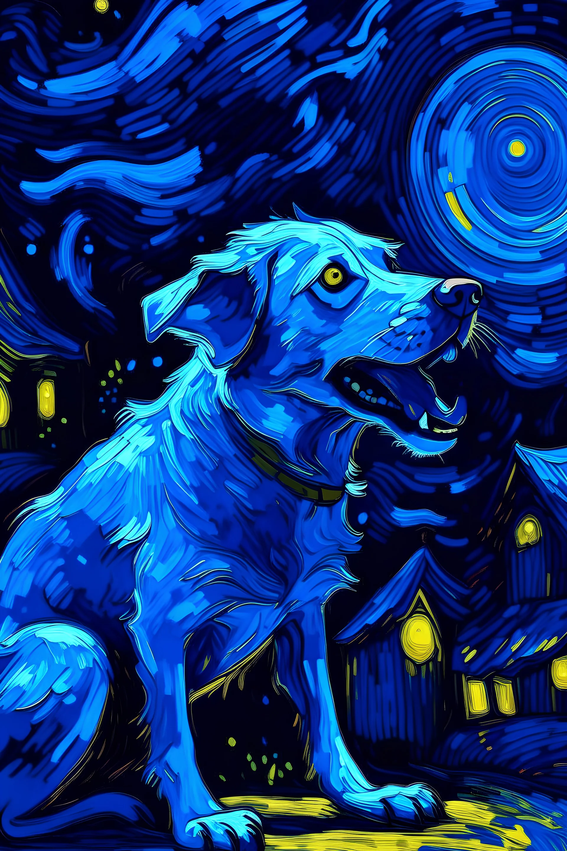un perro azul ladrando en la noche bajo una llena al estilo de Van gogh