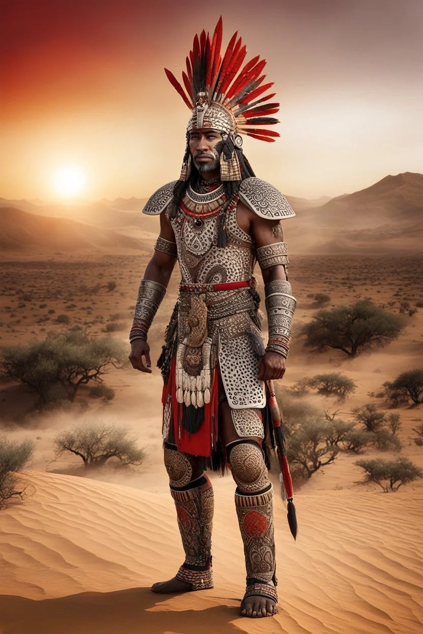 Full legs. Striking portrait of Nantli warrior as anthropomorphic puma, adorned with intricately designed traditional armor and headdress. His face, painted with black and white patterns, radiates a fierce and determined expression. A red sun adorns his headdress, symbolizing strength and power. The background, a vast, golden desert landscape, with a sun setting behind some rocky outcrops. 8k. Full body