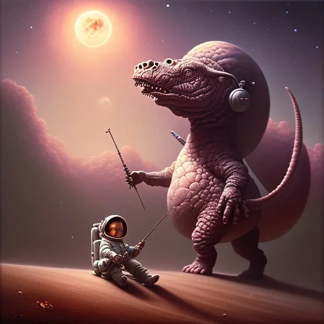 1yo little boy is on safari on the moon. riding a pink dinosaur. he has big and a funny hat. High detailed. Cinematic. oil on canvas painting. Warm lights. beksinski