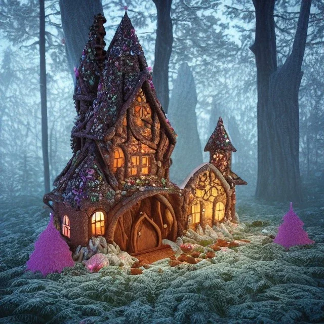 the most stunning, intricate witch house made of crushed rock candy, frosting, gingerbread, rainbow sprinkles, in a gloomy forest, high-quality, ultrafine-detail, 8k resolution, 3d octane render, digital art, detailed matte, close up,