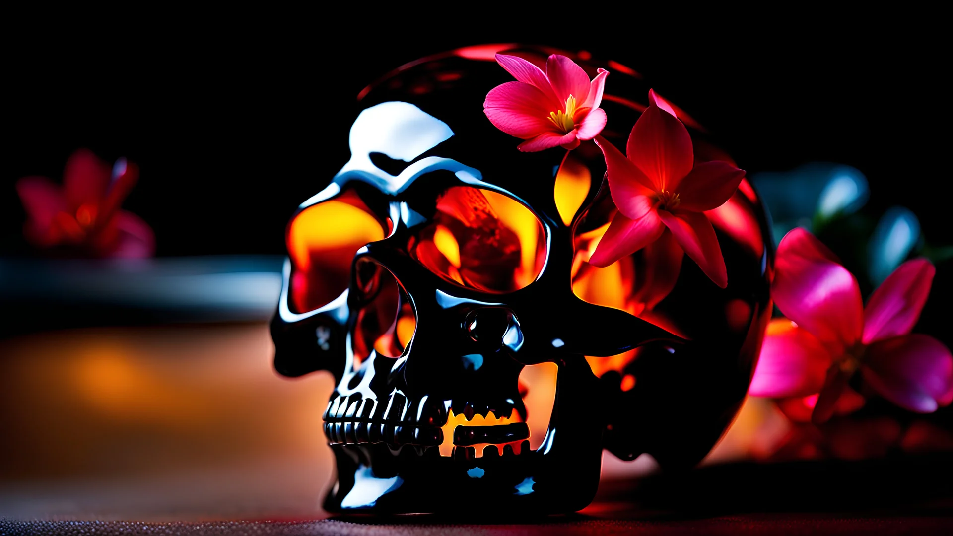 Black and crimson glass Skull, diffused glow, colorful, Hyperrealistic, splash art, concept art, full shot, intricately detailed, color depth, dramatic, wide angle, side light, colorful background, luminous flower petals, Professional photography, bokeh, mystical lighting, canon lens, shot on DSLR 64 megapixels sharp focus.