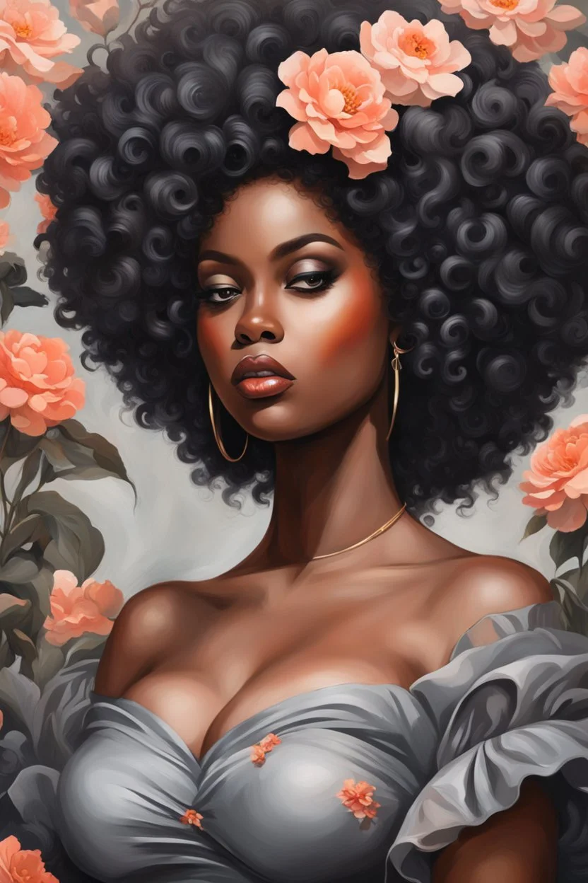 Create an expressive oil painting art image of a curvy black female wearing a grey off the shoulder blouse and she is looking down with Prominent makeup. Highly detailed tightly curly black afro. Background of large peach and grey flowers surrounding her