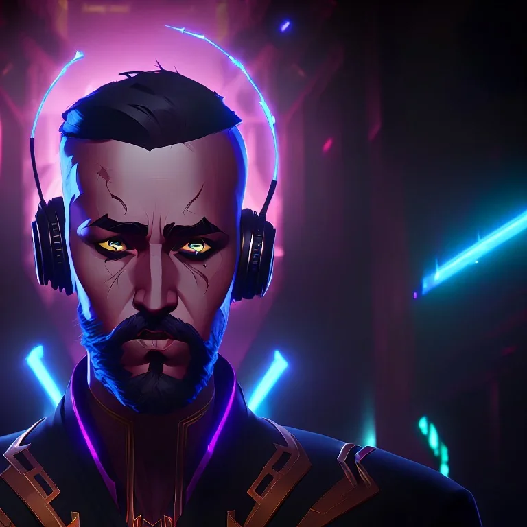 emperor of the galaxy, DJ cyborg at work in a nightclub, particles, short bearded focused Christian Boshell with headphones. sin city style, photo-realism art, intense atmosphere, similar to a Michelangelo art direction