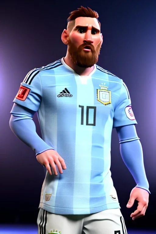 Realistic Messi Argentina soccer player Portrait, mid shot low view, concept art, art station, 3d, photo studio, blue clean background, unreal engine 5, ray tracing, RTX, lumen lighting, ultra detail, volumetric lighting.